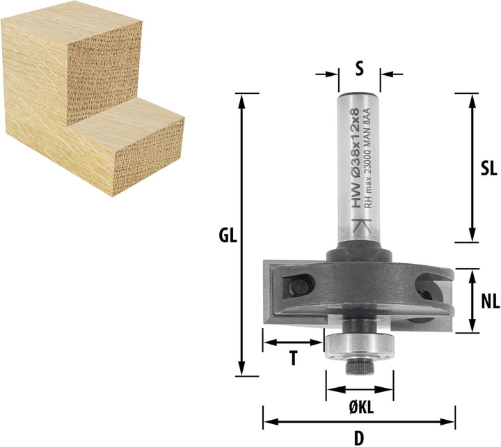 ENT 20311 Wendeplatten Falzfräser HW, Schaft (S) 8 mm, Durchmesser (D) 38 mm, NL 12 mm, T 10 mm, GL