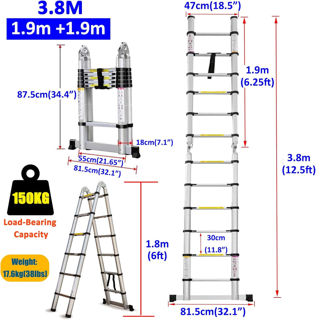 Teleskopleiter, 3,8 m (1,9 m + 1,9 m), robuste Klappleiter, Edelstahl, tragbar, Mehrzweck-Ausziehlei