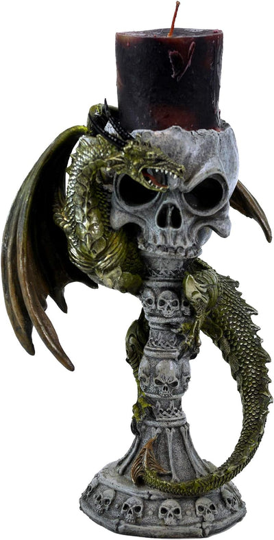 GeKi Trend Drachen Figur Kerzenständer Totenkopf mit Kerze Fantasy Gothic Dekofigur 26 cm gross