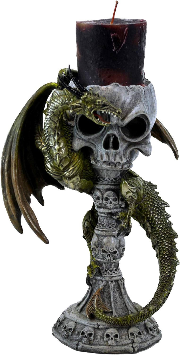 GeKi Trend Drachen Figur Kerzenständer Totenkopf mit Kerze Fantasy Gothic Dekofigur 26 cm gross