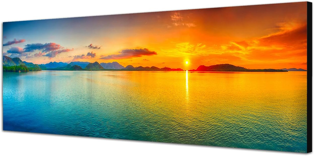 Paul Sinus Art Panoramabild auf Leinwand und Keilrahmen 120x40cm Meer Hügel Sonnenaufgang Wolkenschl