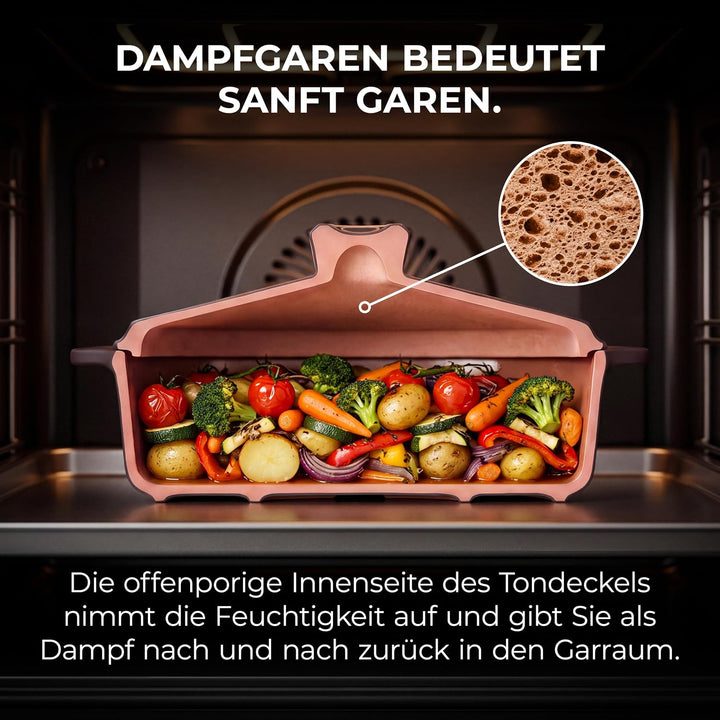 myromy® Bräter, Schmortopf &amp; Brotbackform aus Keramik Natur-Ton: Bratentopf, Dampfgarer &amp; Backform,