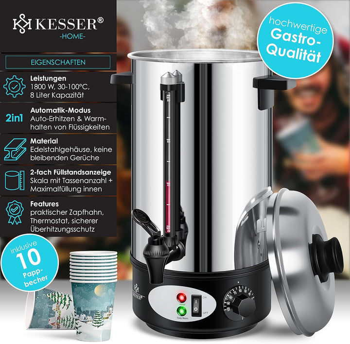 KESSER® Glühweinkessel 8L Edelstahl Inkl. 10x Becher Glühweinkocher mit Thermostat Glühweinautomat H