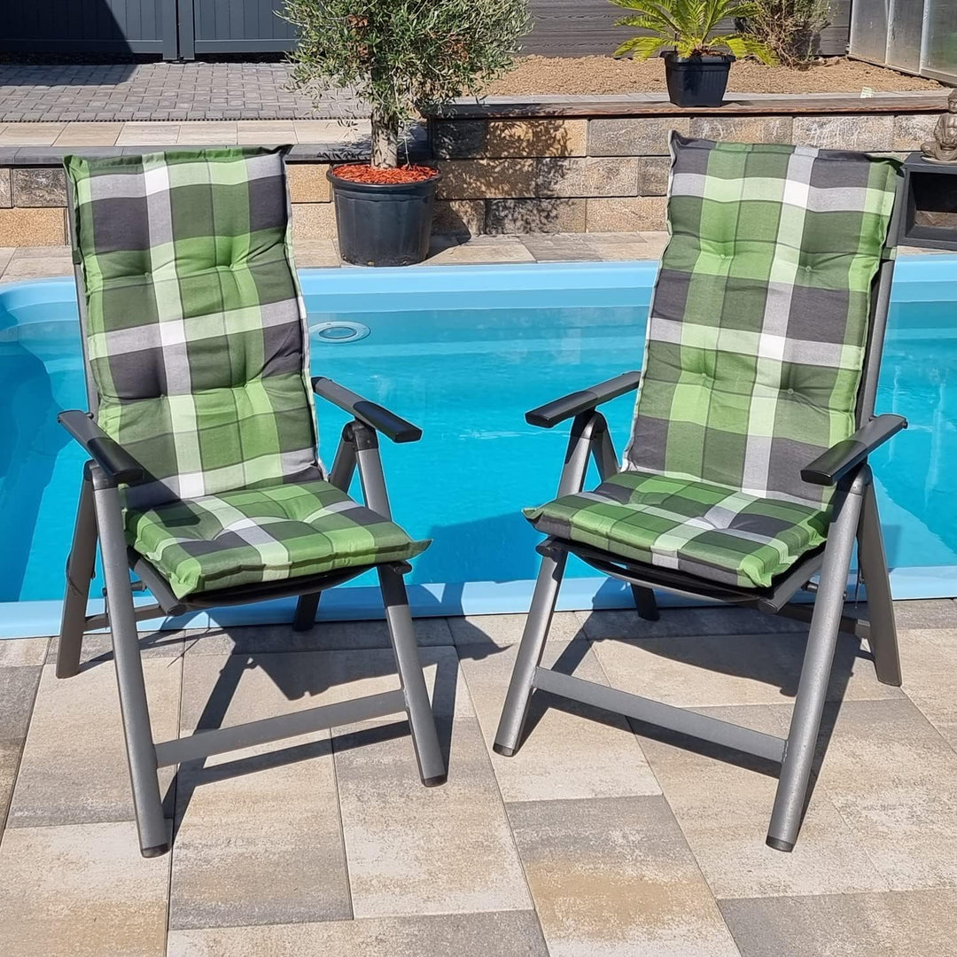 DILUMA Hochlehner Auflage für Gartenstühle 120x50 cm Karo Grau-Weiss - 6 cm Starke Stuhlauflage mit