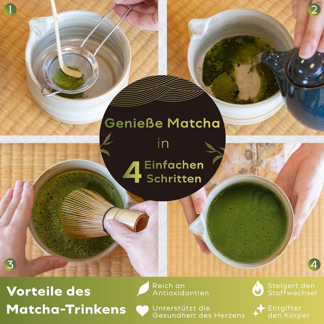 HIBINO Japanisches Matcha Set – Matcha Schale mit Ausguss, Matcha Besen & Halter, Bambus Löffel & Ed