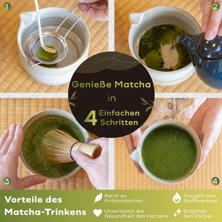 HIBINO Japanisches Matcha Set – Matcha Schale mit Ausguss, Matcha Besen & Halter, Bambus Löffel & Ed