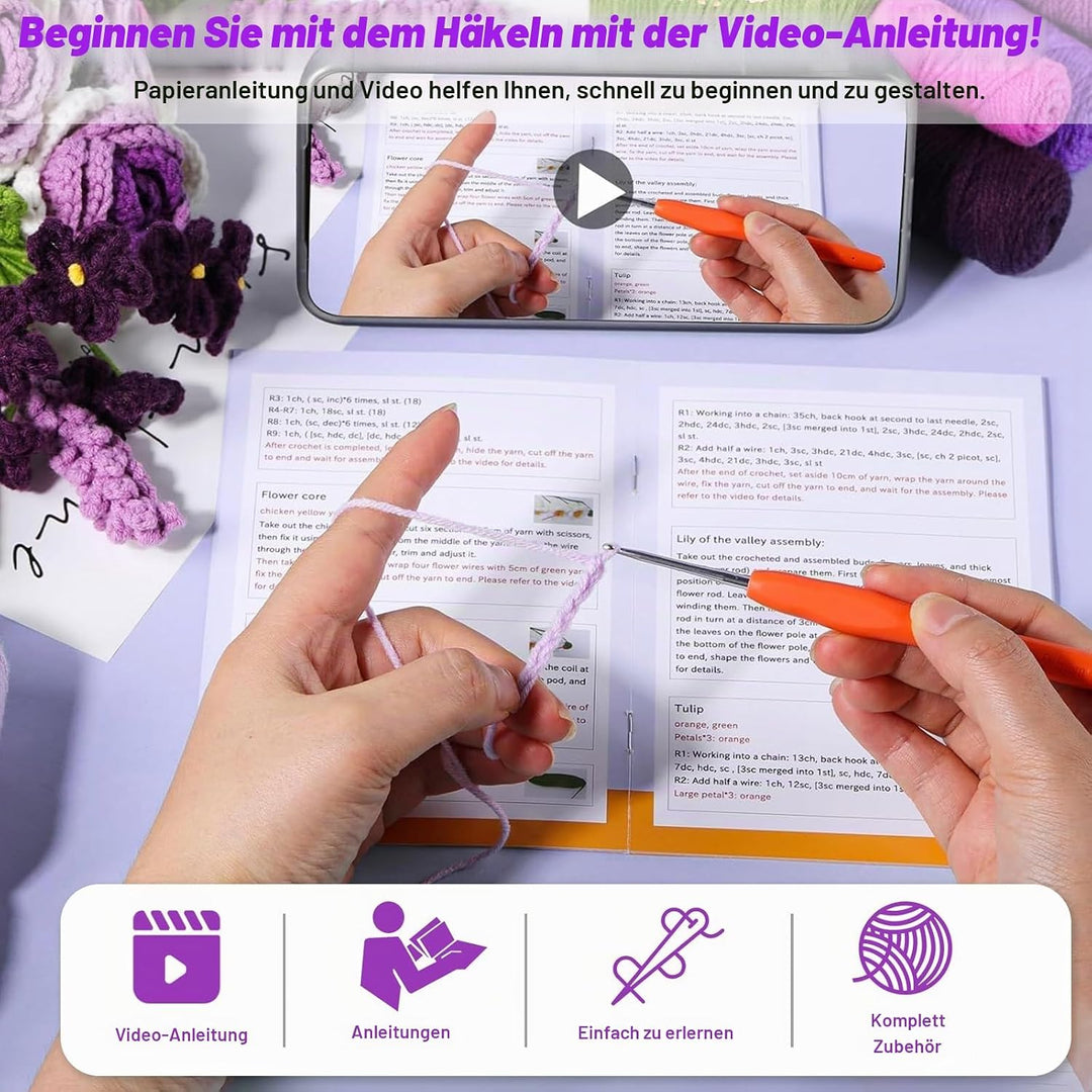 BoloShine Häkelset Blumen, Rose Blumenstrauss Häkelset für Anfänger Erwachsene, Häkelblumen Set mit