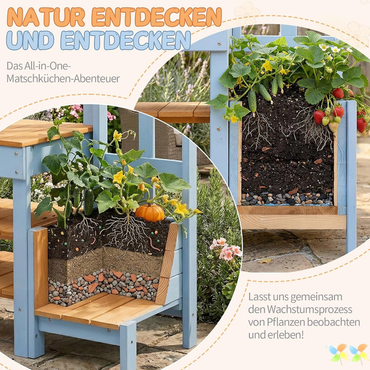 LEADZM Spielküche Matschküche Kinder Outdoor mit Pflanzkasten, Gartenspielküche mit Spüle, Wasserhah