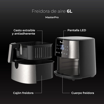 MasterPro Foodies | Ölfreie Fritteuse 6L 1800W mit Ölsprüher | LED-Touchscreen und Antihaft-Korb | L