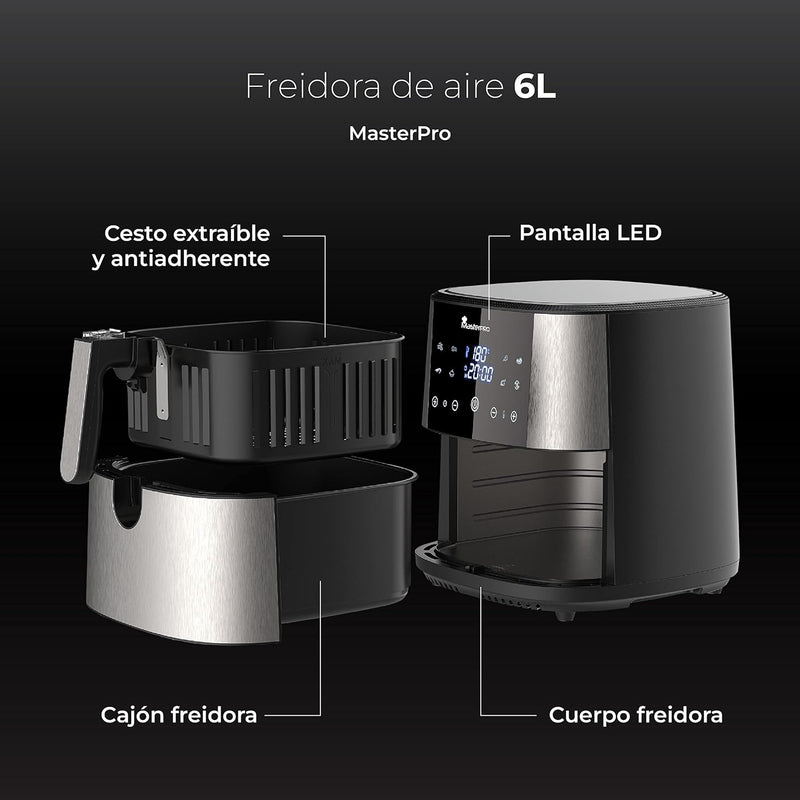 MasterPro Foodies | Ölfreie Fritteuse 6L 1800W mit Ölsprüher | LED-Touchscreen und Antihaft-Korb | L
