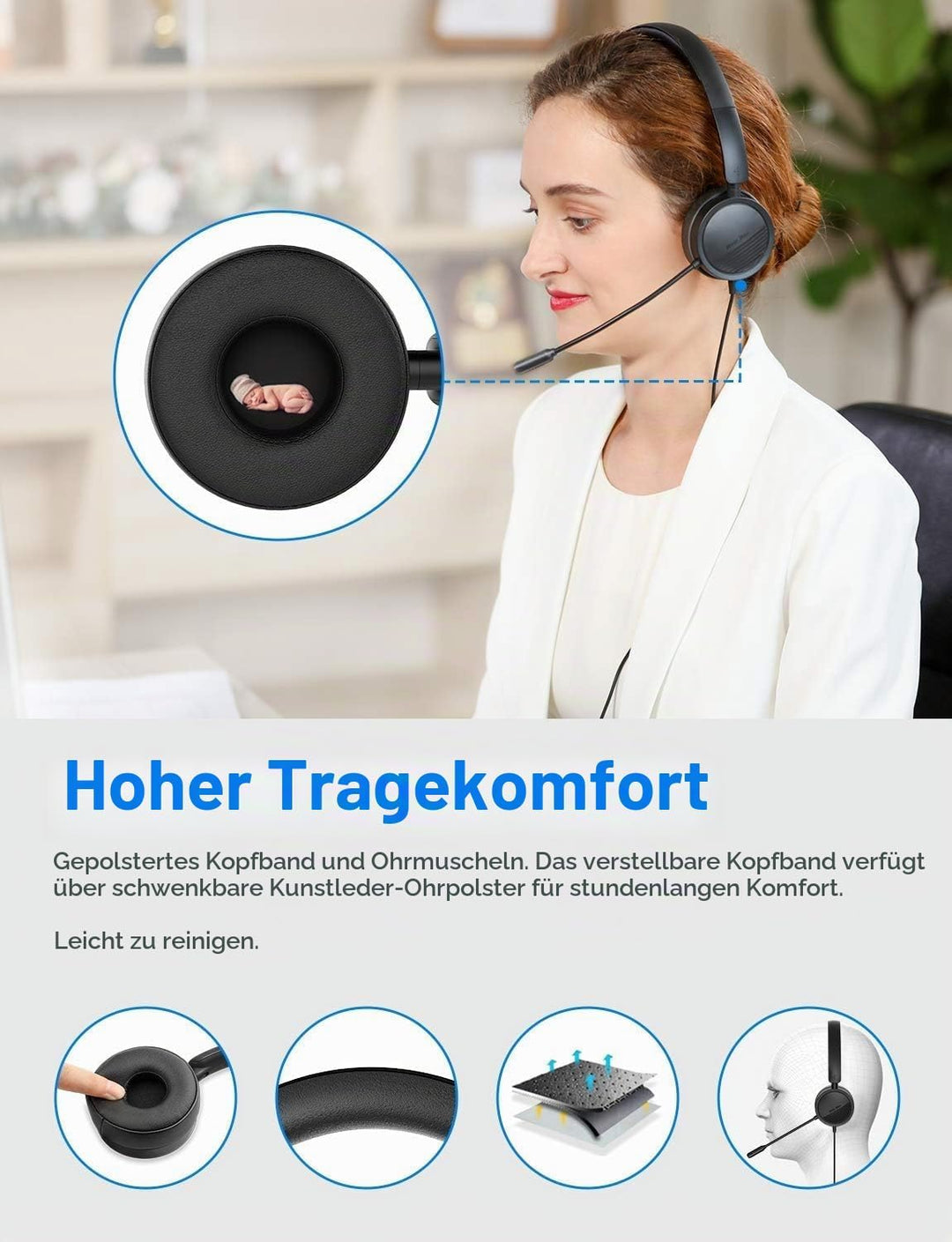 New bee PC Headset mit Mikrofon USB/3,5mm Business Headset Noise Cancelling &amp; Klare Stereo-Sound für