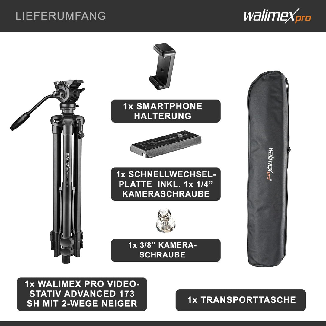Walimex pro Videostativ mit Fluidkopf, Smartphone-Halterung &amp; Tasche I Advanced 173cm, leicht &amp; stab