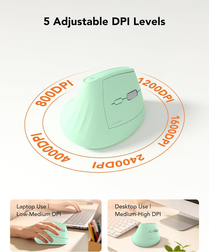 KYSONA Vertikale Ergonomische Maus 57°, Kabellos Bluetooth &amp; 2,4 GHz, 5 DPI-Stufen, Leise Klicks, Ha