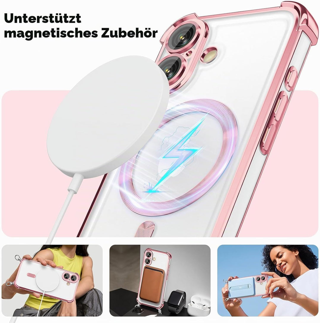 GOODVISH Handykette für iPhone 16 Hülle mit Band Magnetisch, Rosé | mit 2 Stück Schutzfolie, mit Kam
