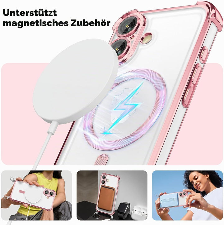 GOODVISH Handykette für iPhone 16 Hülle mit Band Magnetisch, Rosé | mit 2 Stück Schutzfolie, mit Kam