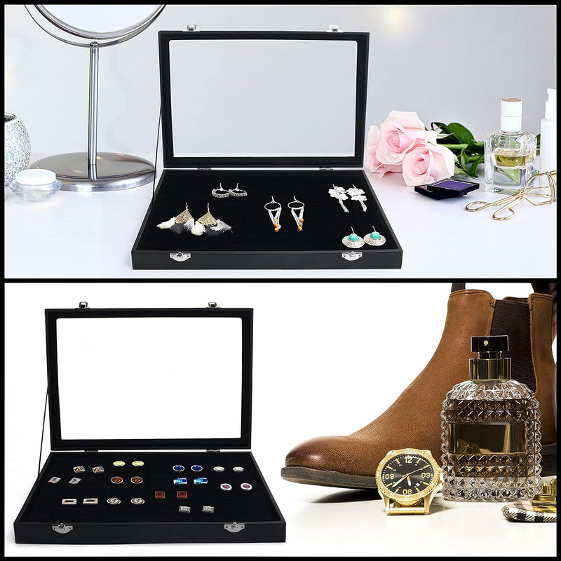 Kurtzy 2er Pack Schwarzes Samt Ring Schmuck Aufbewahrungssystem Schmuckkästchen Glas Deckel mit 100