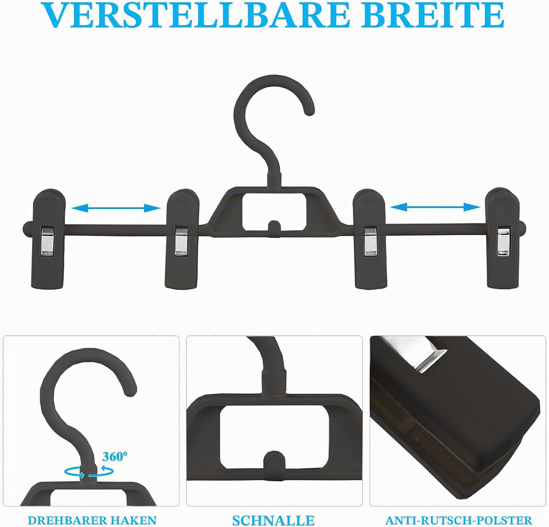 Hosenbügel Hosenspanner 34 cm,10 Stück Kleiderbügel Kunststoff, rutschfeste und Verstellbare Klammer
