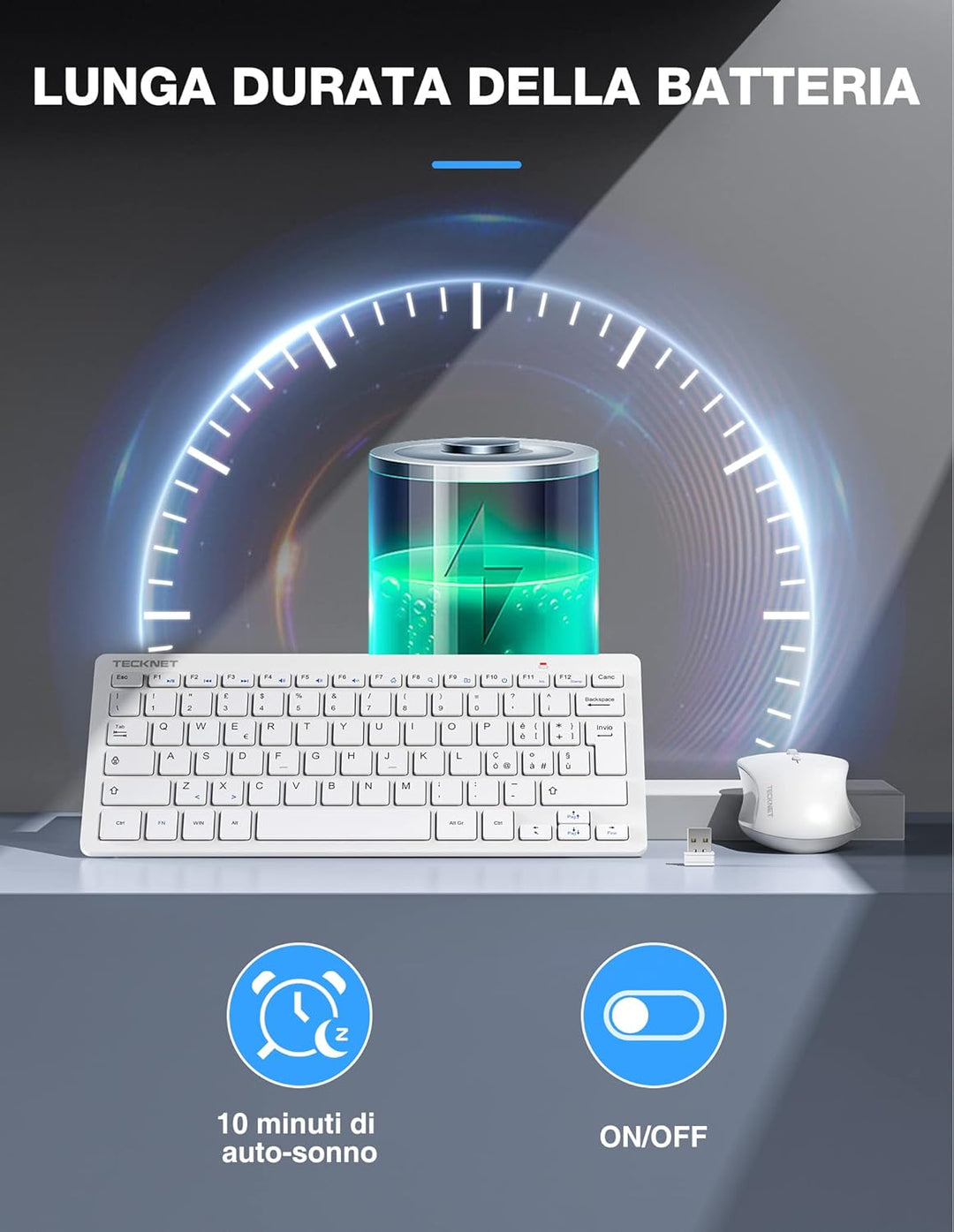 TECKNET italienisches QWERTY-Layout Kabelloses Tastatur- und Maus-Set, 2,4 G kabellose Tastatur und