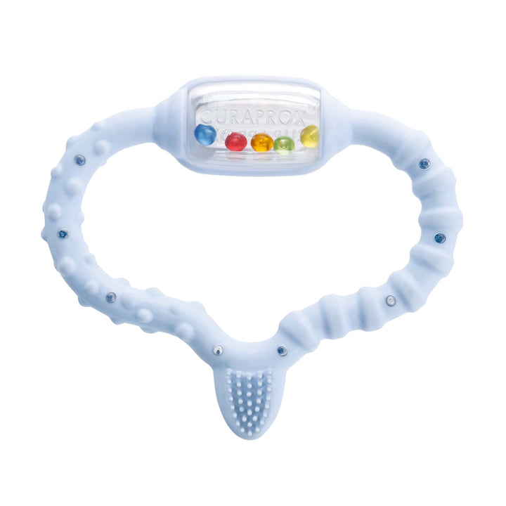 Curaprox Beissring für Babys blau, Baby Beissring mit Rassel, Baby Beissring mit Lernzahnbürste, Bei