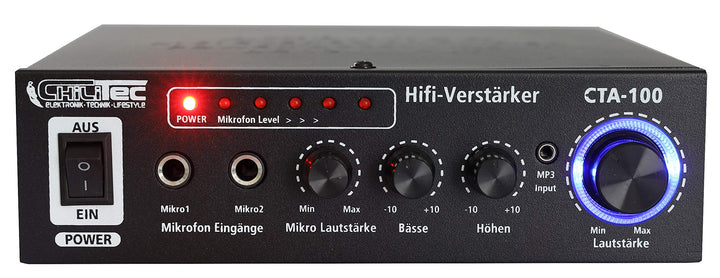 HiFi-Verstärker CTA-100 Cinch Aux In 100 Watt I Stereo 2-Kanal I Mini Endstufe I PC Büro Gaming Schw