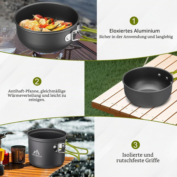Outdoor Kochgeschirr Set Camping – 1,25L Topf & 0,65L Pfanne mit 0,3L Edelstahlbecher – Leichtes, Ro