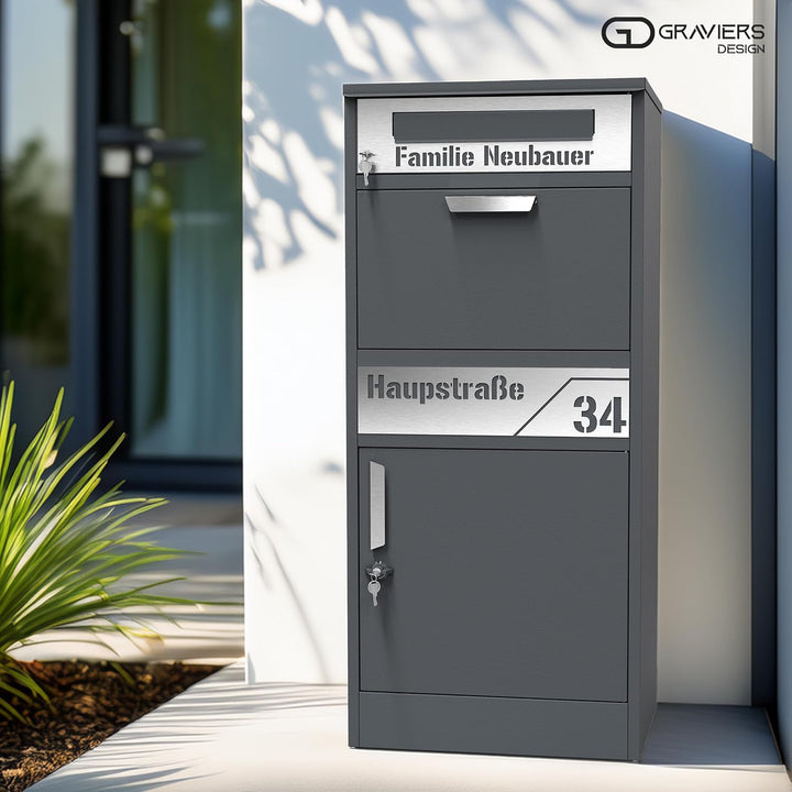 Graviers Design Paketbriefkasten mit Brieffach personalisiert freistehend - Edelstahl Namensschild H