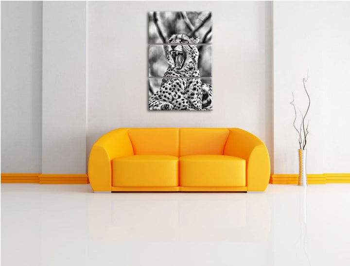 Pixxprint Gepard gähnt als Leinwandbild/Grösse: 3 Teilig (120x80) cm/Wandbild/Kunstdruck/fertig besp