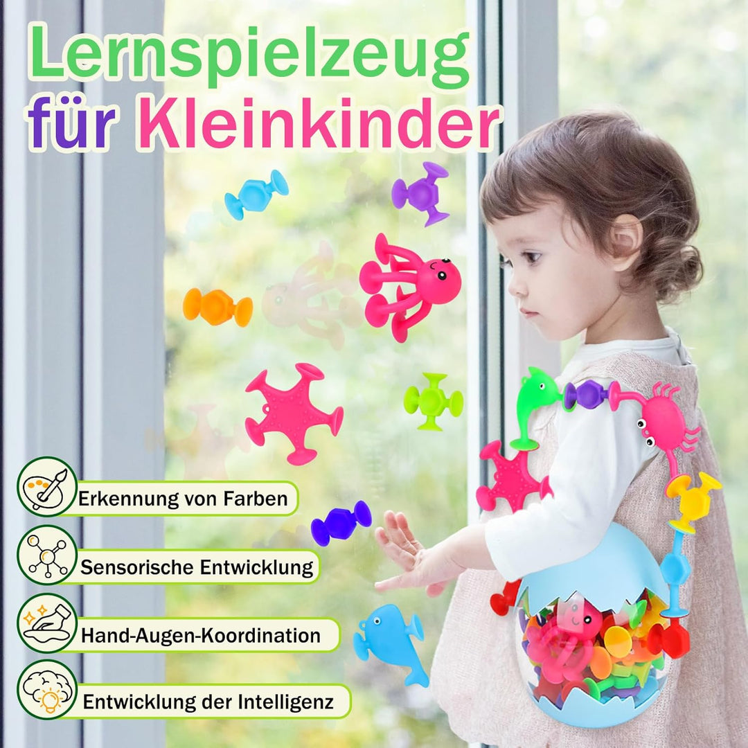 Saugnapf Spielzeug, 50 Stück Sensorik Silikonbausteine Saugspielzeug, Badespielzeug Baby ab 3 Jahre