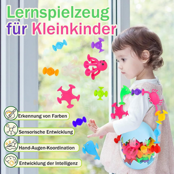 Saugnapf Spielzeug, 50 Stück Sensorik Silikonbausteine Saugspielzeug, Badespielzeug Baby ab 3 Jahre