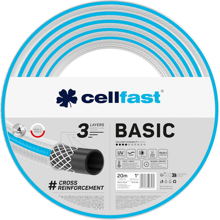 Cellfast Gartenschlauch BASIC 3-lagiger Schlauch mit dauerhafter Verstärkung aus Garn höchster Quali