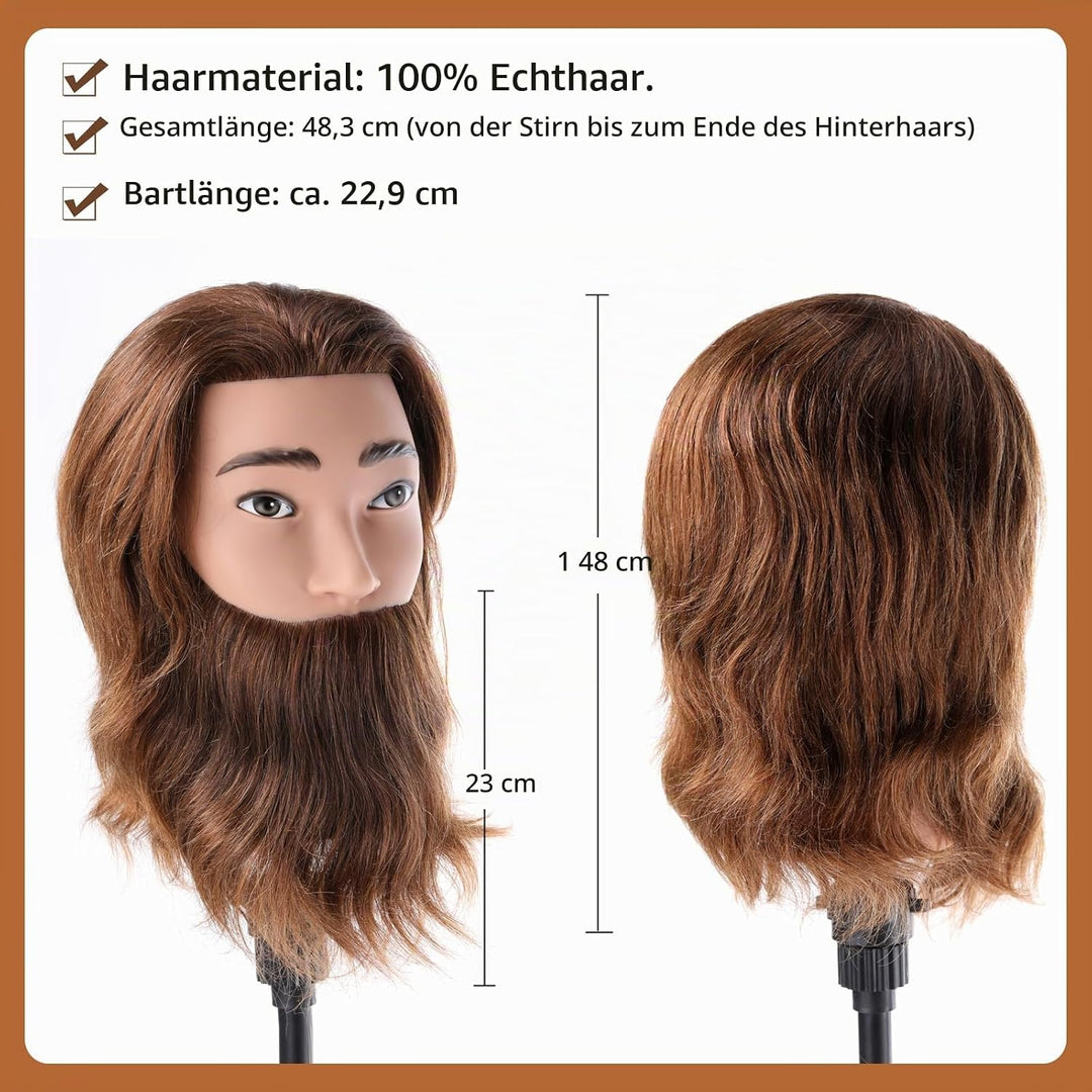 Mann Frisierkopf 100% Echthaar mit Bart Männlich Übungskopf Echthaar Friseur Kopf Puppenkopf Mannequ