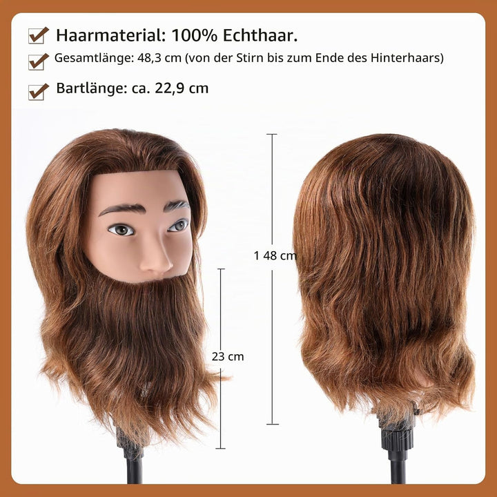 Mann Frisierkopf 100% Echthaar mit Bart Männlich Übungskopf Echthaar Friseur Kopf Puppenkopf Mannequ
