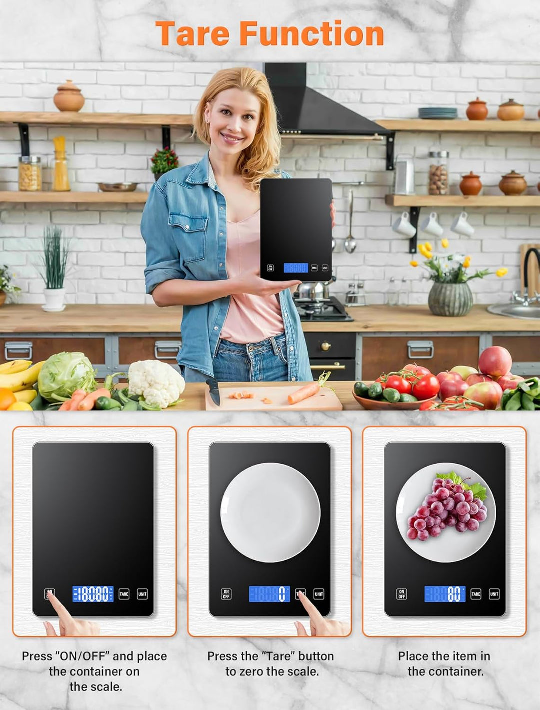 15kg Küchenwaage, Wiederaufladbare Digitale Küchenwaage, Glas Essenswaage mit LCD Display, Tara-Funk