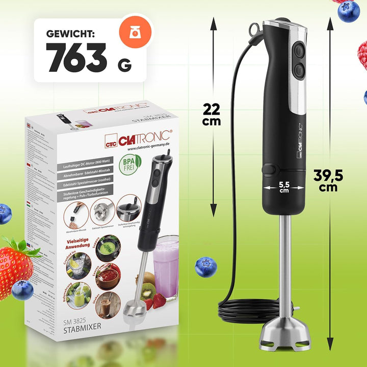 Clatronic Stabmixer 800W mit Turbo-Funktion | Pürierstab mit Edelstahlmesser | 12 Stufen | für Babyn