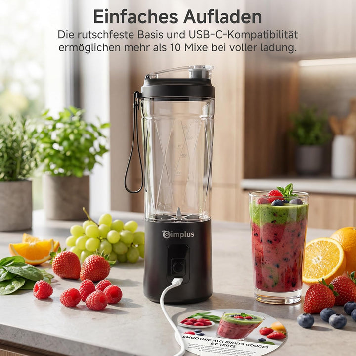 SIMPLUS Tragbarer Mixer 800ml Smoothie Maker To Go, USB-C Wiederaufladbarer Mini Standmixer, 6 Edels