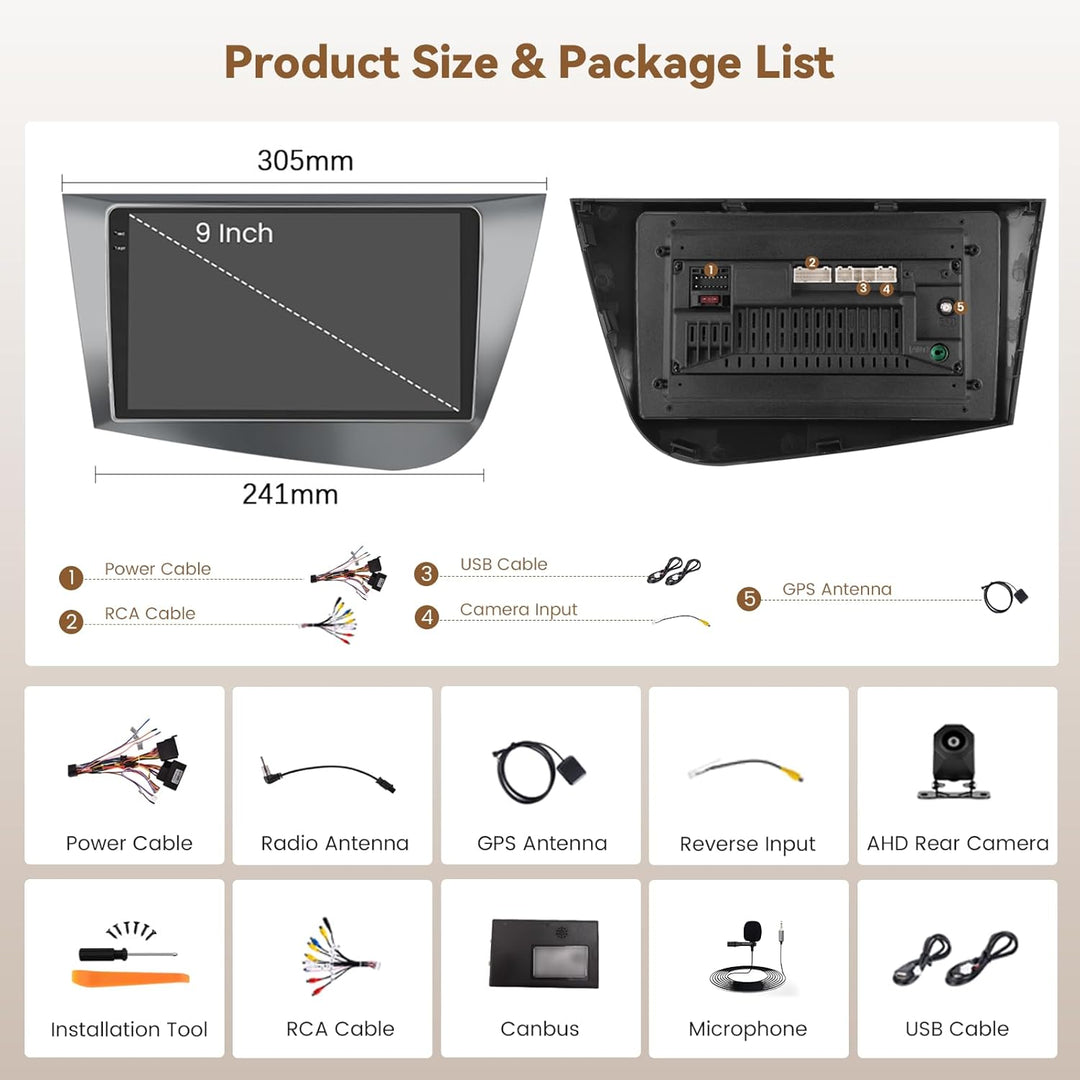 Hikity Android 15 4+64GB Autoradio für Seat Leon 2005-2012 mit 9 Zoll Incell Touchscreen, Autoradio