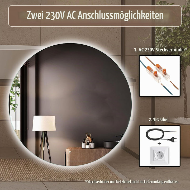 Venti 60cm Badspiegel mit Beleuchtung, Badezimmerspiegel mit Beleuchtung, LED Badspiegel, Spiegel Ru