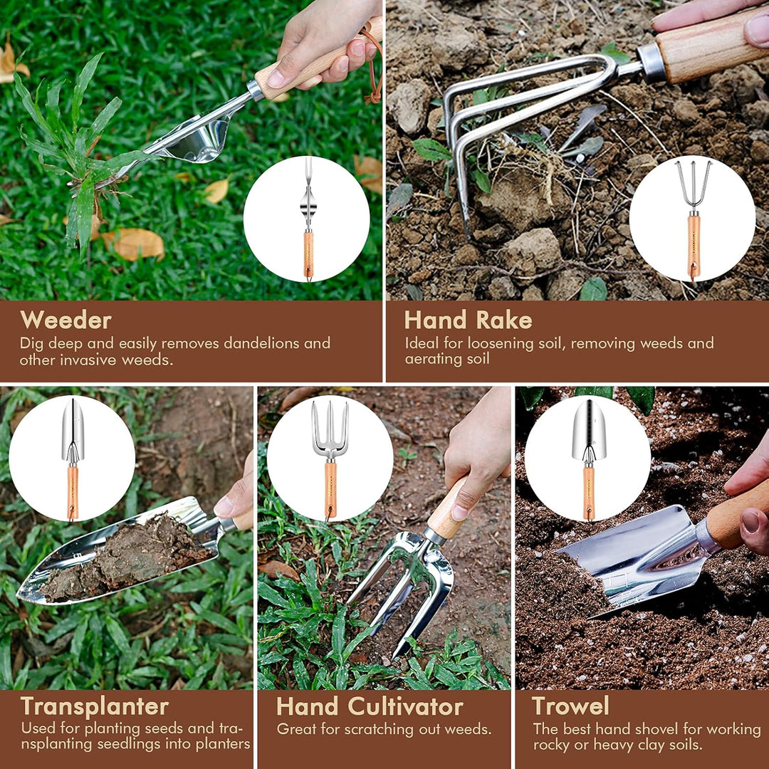 YAUNGEL Gartenwerkzeug Set, 10 Stück Schwerlast Edelstahl Gartenarbeit Kit mit Non-Slip Holzgriff- G