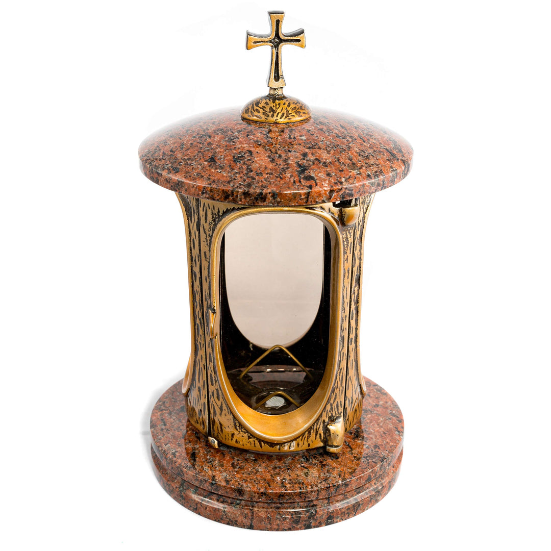 Stilvolle Grablaterne Elégant mit Kreuz Granit Vanga Höhe 27 cm/Ø 15 cm Grableuchte Grablicht Grabla