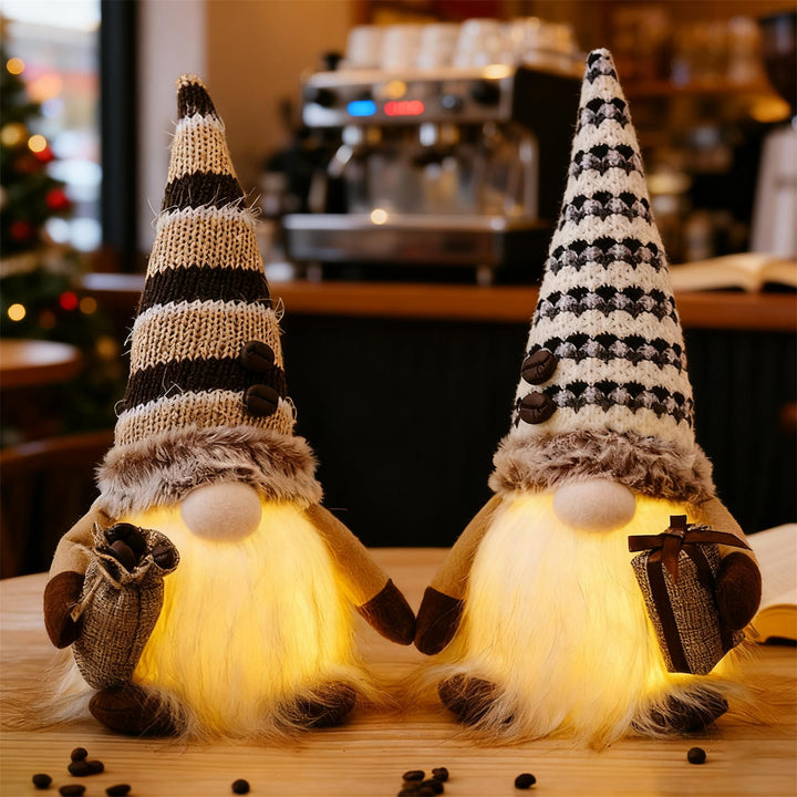 Sunshine smile 2 Stück Kaffee Wichtel mit LED Licht,Frühling Sommer Wichtel,Herbstdeko Wichtel,Figur