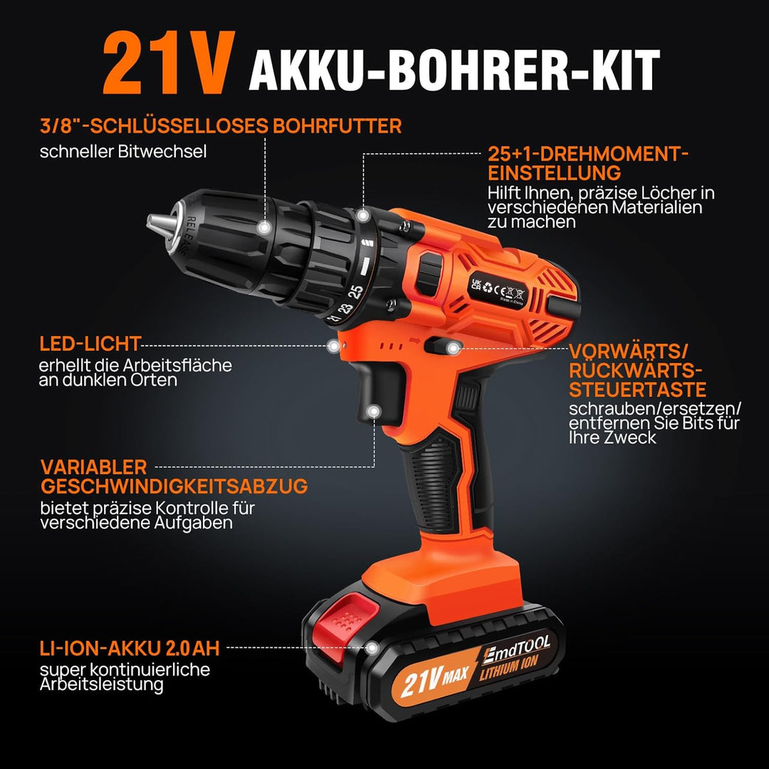 21V Akkuschrauber Set, 45NM Max Akku bohrschrauber mit 2x2000mAh Akkus und Ladegerät, 25+1 Drehmomen