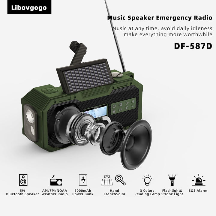 Libovgogo DF-587D Tragbares DAB+ UKW Radio mit wasserdichtem Bluetooth-Lautsprecher, Kurbelradio mit