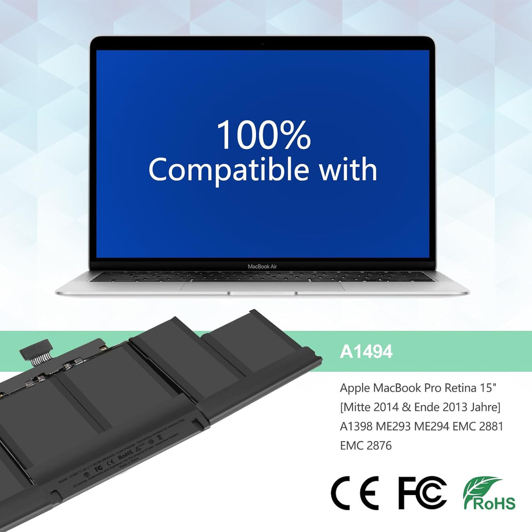 A1494 Akku für Apple MacBook Pro Retina 15" [Mitte 2014 & Ende 2013 Jahre] A1398 ME293 ME294 EMC 288