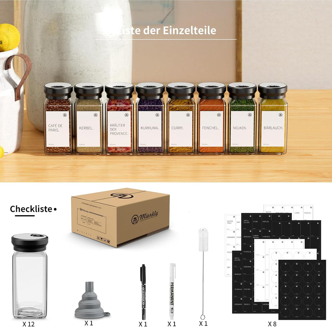 12 Gewürzgläser Eckig,120ML Gewürzdosen Set mit Streueinsatz,Gewürzstreuer mit Rund Drehdeckel-Stark