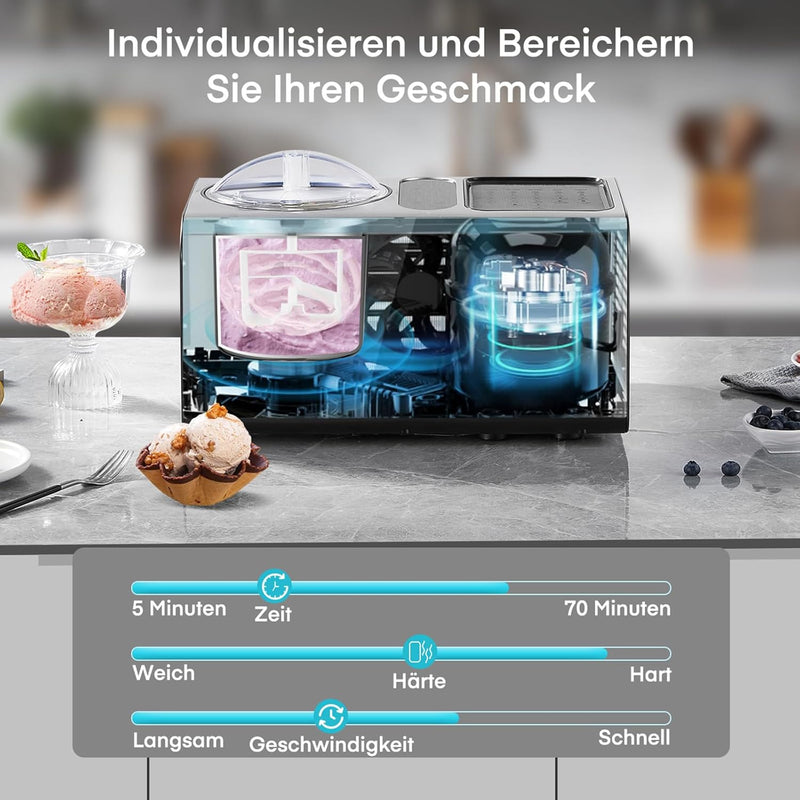 3-in-1 Eismaschine & Joghurtbereiter 2 L, 180 W Eiscrememaschine aus Edelstahl mit Kühl- u. Heizfunk