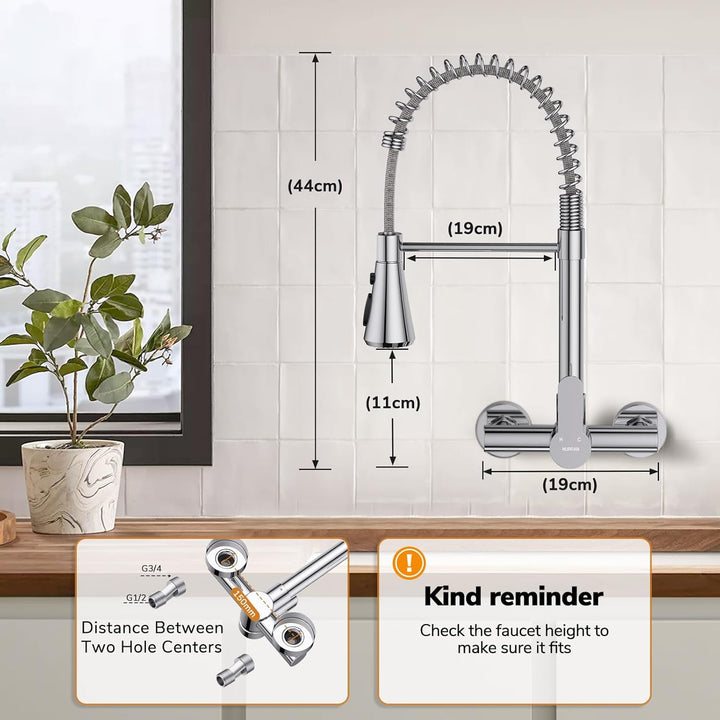 HURRAN Wasserhahn Wandmontage, Küchenarmatur mit 3 Auslaufarten, 360° Schwenkbarer Wasserhahn Küche