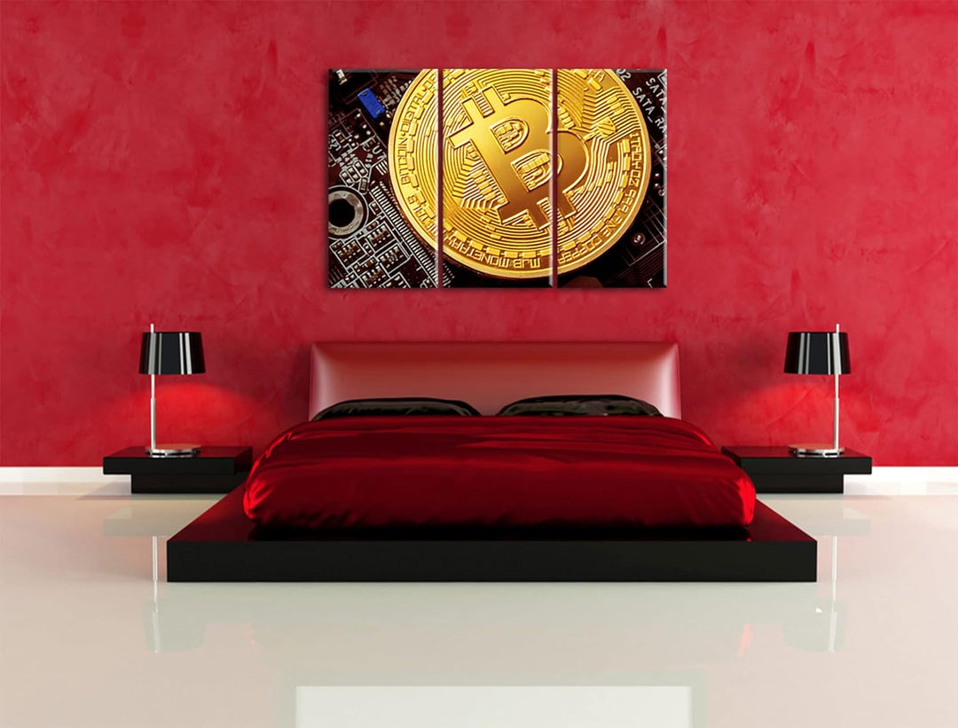 Bitcoin BTC auf Platineals Leinwandbild 3 teilig | Grösse: 120x80 cm | Wandbild | Kunstdruck | ferti