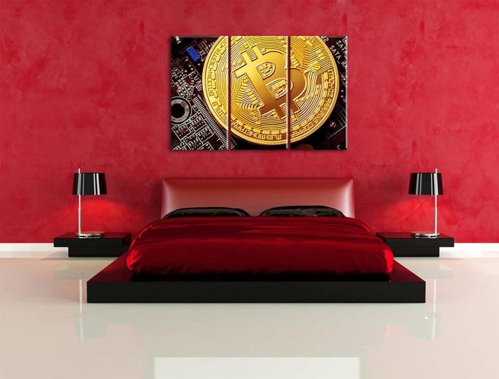 Bitcoin BTC auf Platineals Leinwandbild 3 teilig | Grösse: 120x80 cm | Wandbild | Kunstdruck | ferti