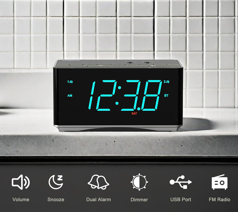 iTOMA Radiowecker，Bluetooth Stereo Lautsprecher, FM Radio, Dual Wecker, Snooze, Helligkeitsdimmer, U