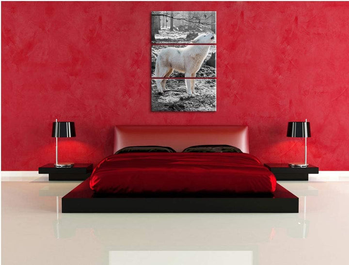 weisser jaulender Wolf im Wald schwarz/weiss 3-Teiler Leinwandbild 120x80 Bild auf Leinwand, XXL rie